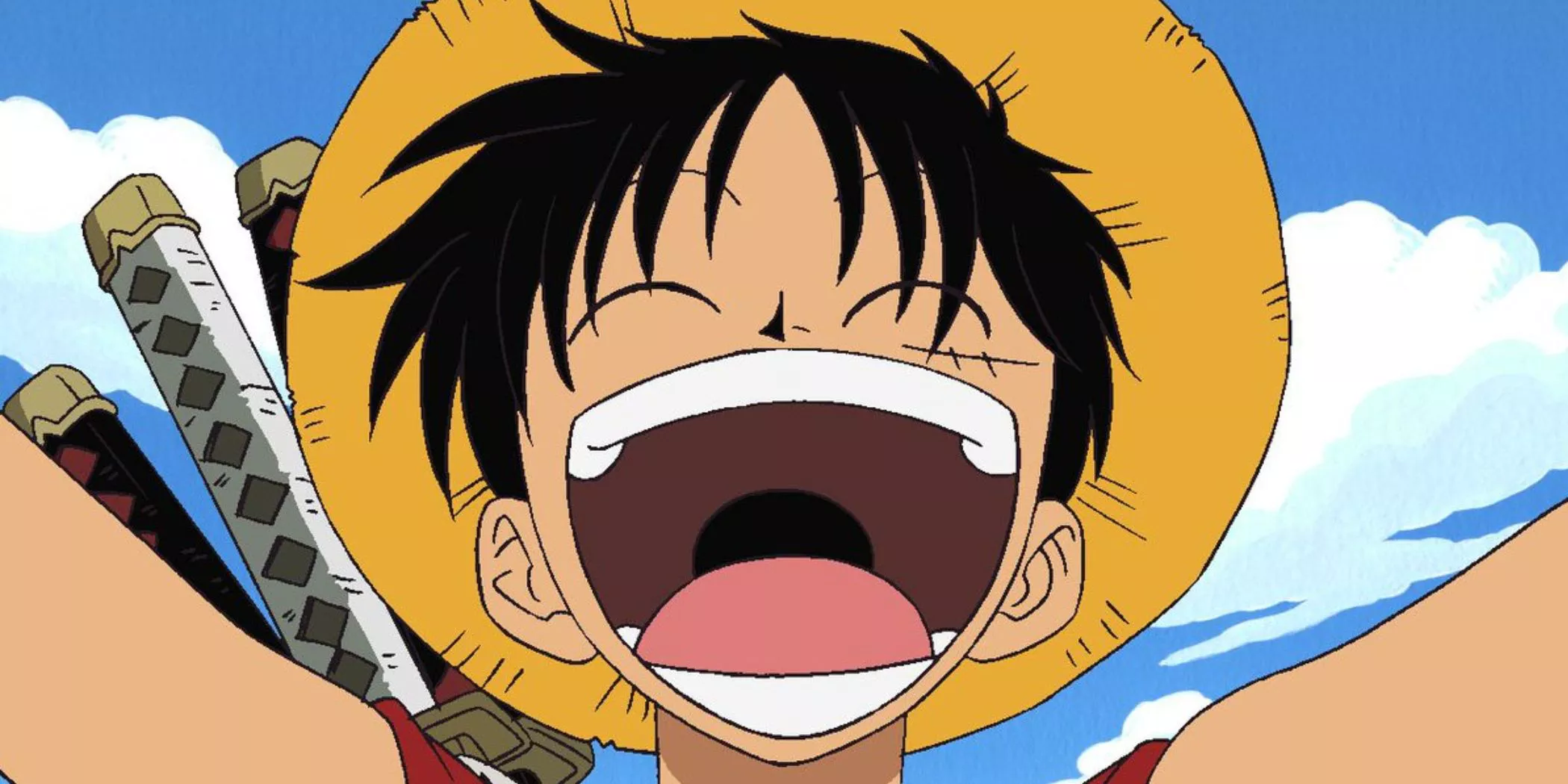 Monkey D. Luffy is laughing while holding Roronoa Zoro's swords in the One Piece anime's Romance Dawn Saga.