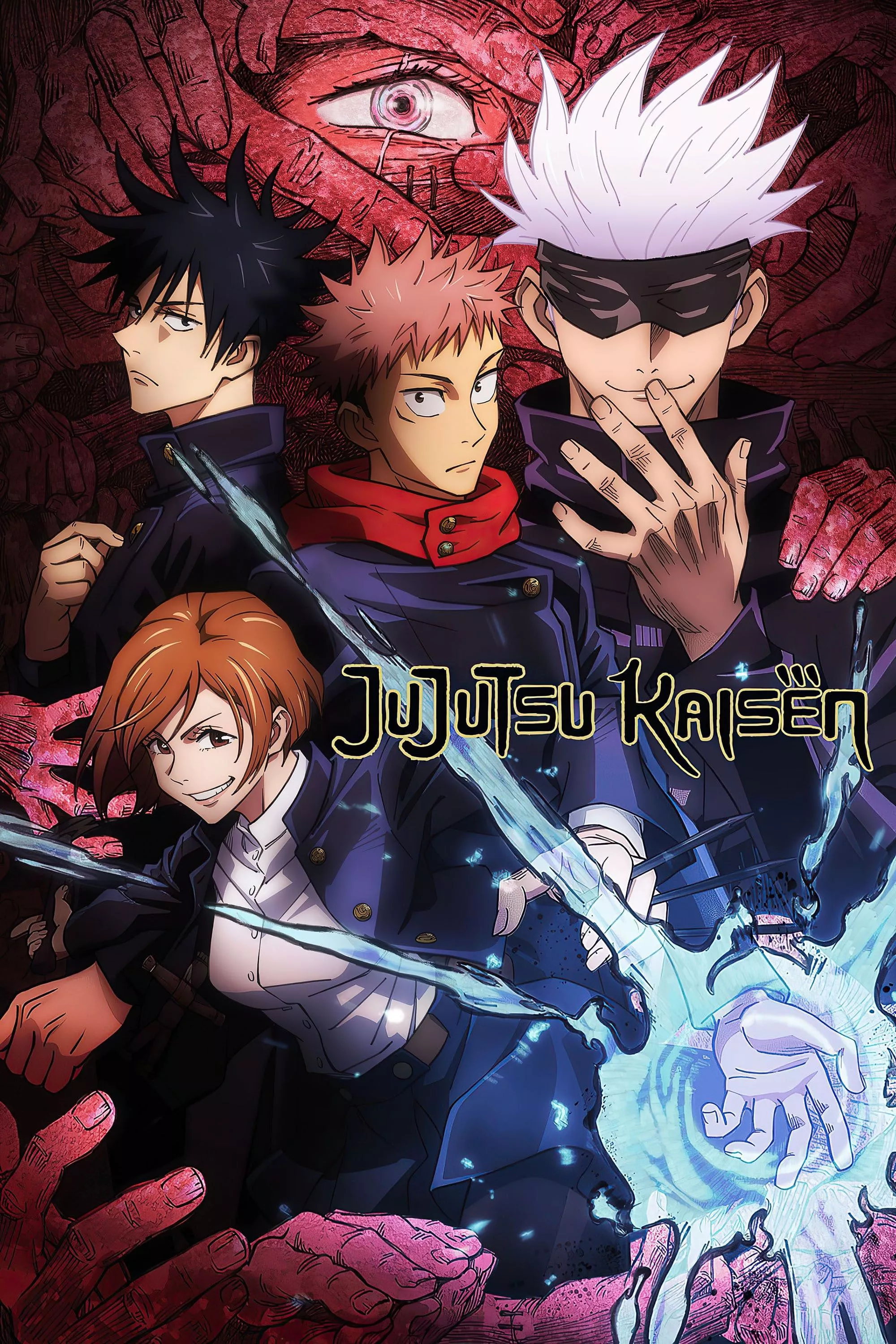 The cast of Jujutsu Kaisen, consisting of Yuji Itadori, Megumi Fushiguro, Nobara Kugisaki and Gojo Satoru, are posing together on the Jujutsu Kaisen Anime Poster.