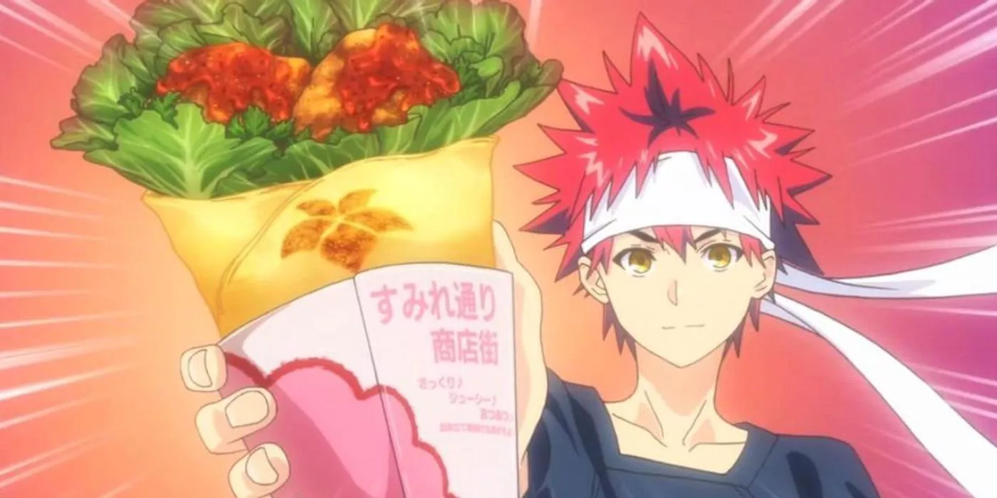 Soma Yukihira sostiene un plato que preparó en Food Wars!