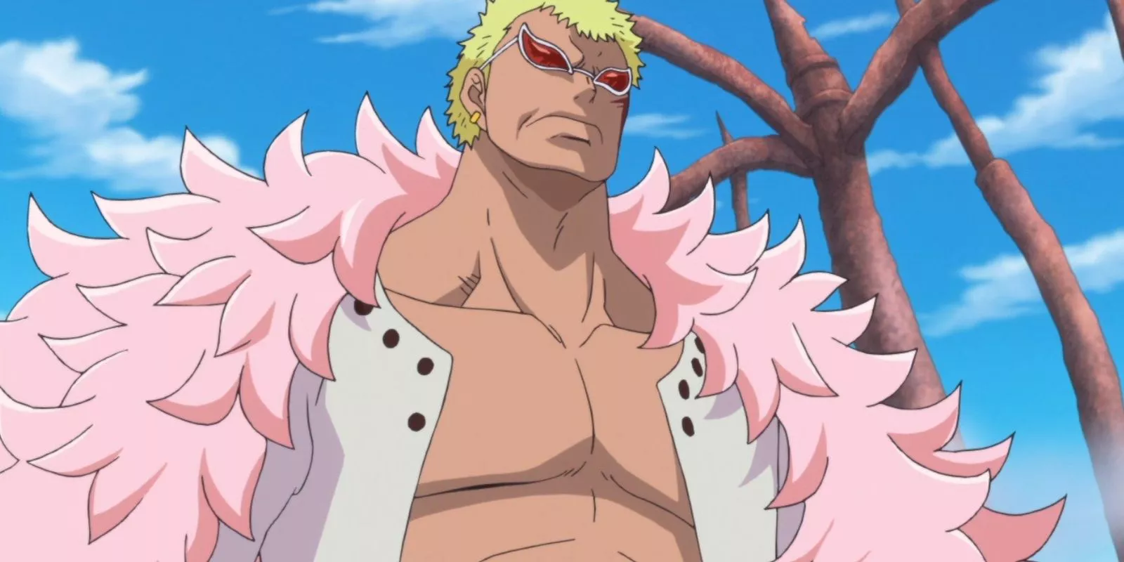 Donquixote Doflamingo looks down at trafalgar law.