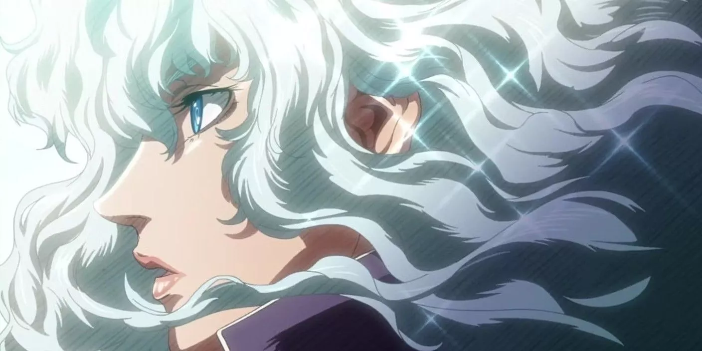 Berserk's Griffith looks to the side with sparkles around him in the anime