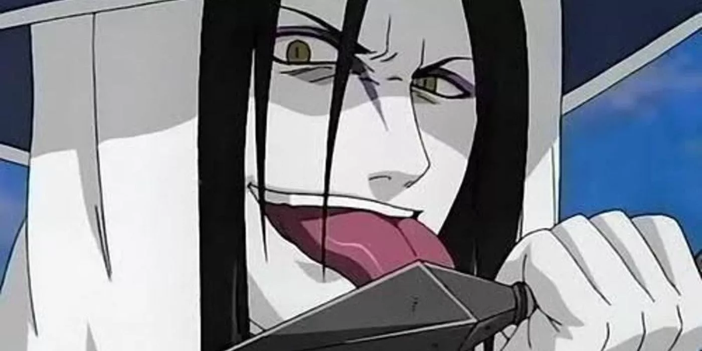 Orochimaru is disguised as the 4th Kazekage licking a kunai knife in Naruto.