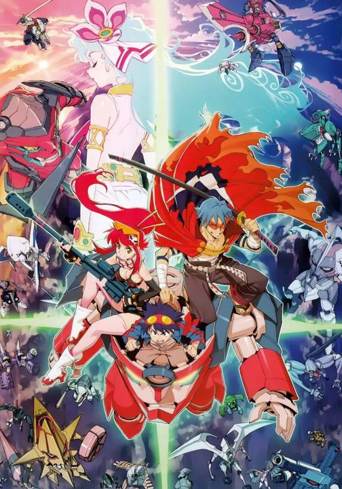 The Gurren Lagann mecha anime cover art shows the characters from the show, such as Yoko Littner, Kamina and Simon, leaping forward from the center.