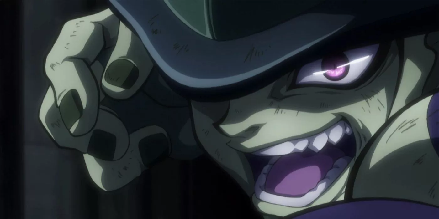 Meruem cackling with a sinister expression as he attacks in Hunter X Hunter