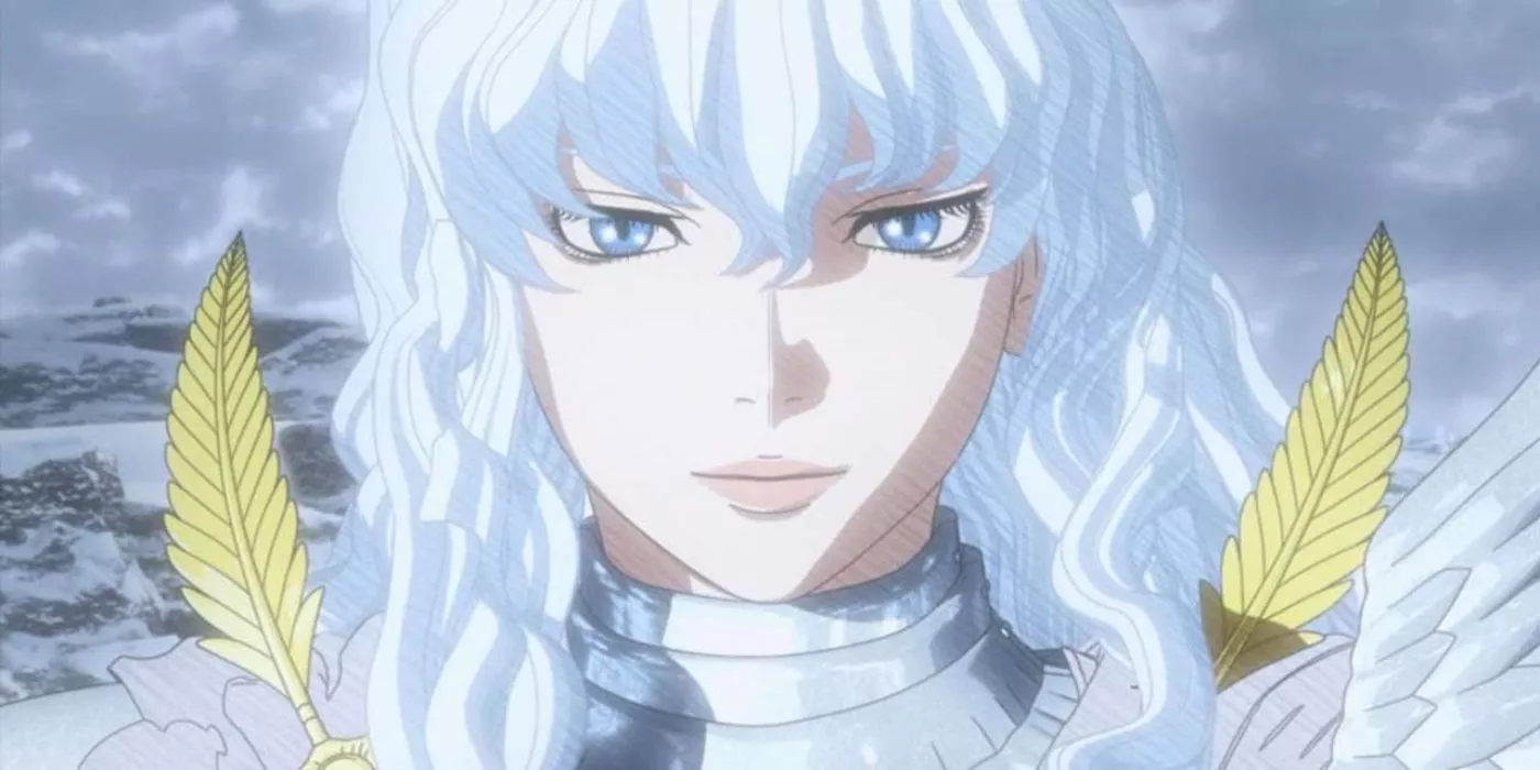 Griffith with white hair stares at the viewer in Berserk.