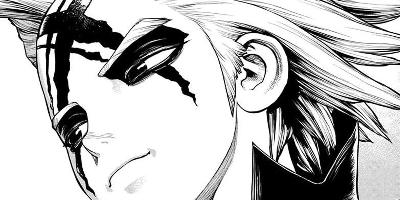 dr. xeno makes a grinning face in the dr. stone manga