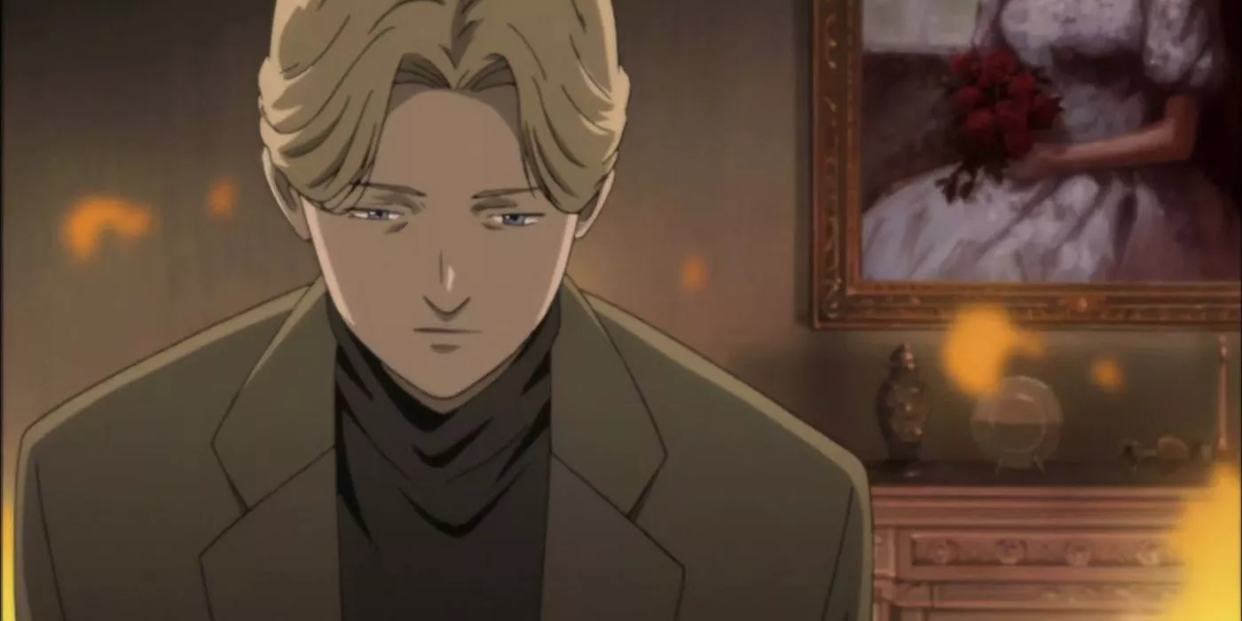 Johan Liebert looks calm and emotionless as a fire burns around him in Monster.