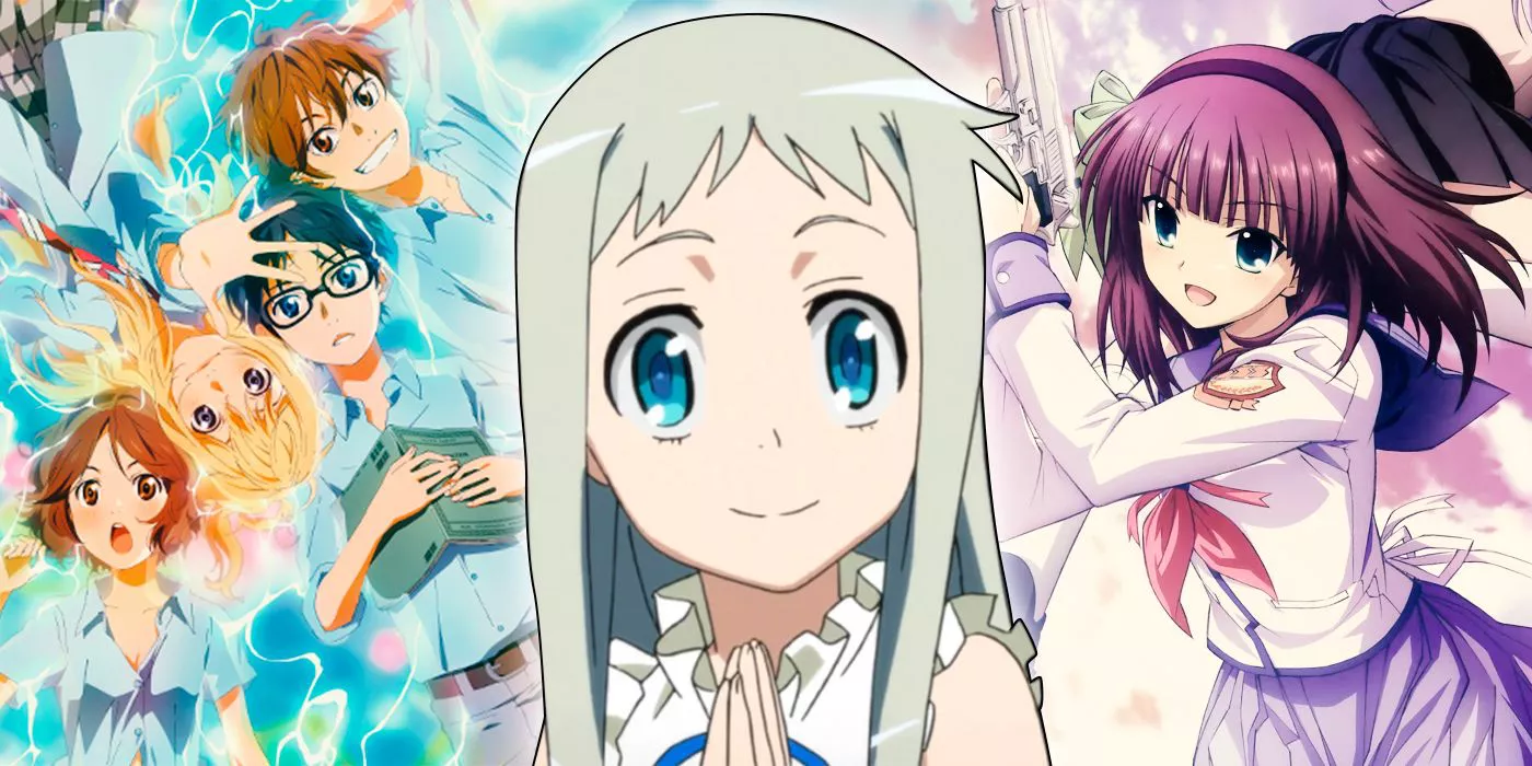 A collage of the Anohana, Your Lie in April and Angel Beats anime series