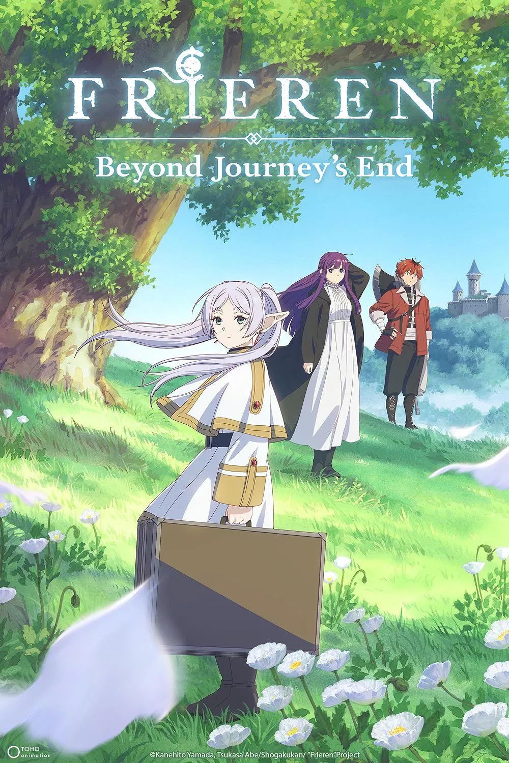 Frieren holds her briefcase with Fern and Stark in the background in the Frieren: Beyond Journey's End poster.