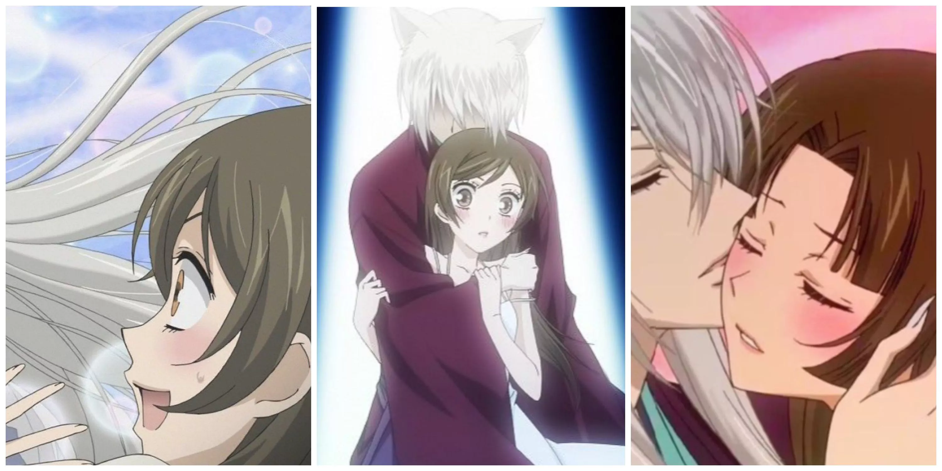 Nanami marveling at Tomoe, Tomoe protecting Nanami, and Tomoe kissing Yukiji in Kamisama Kiss