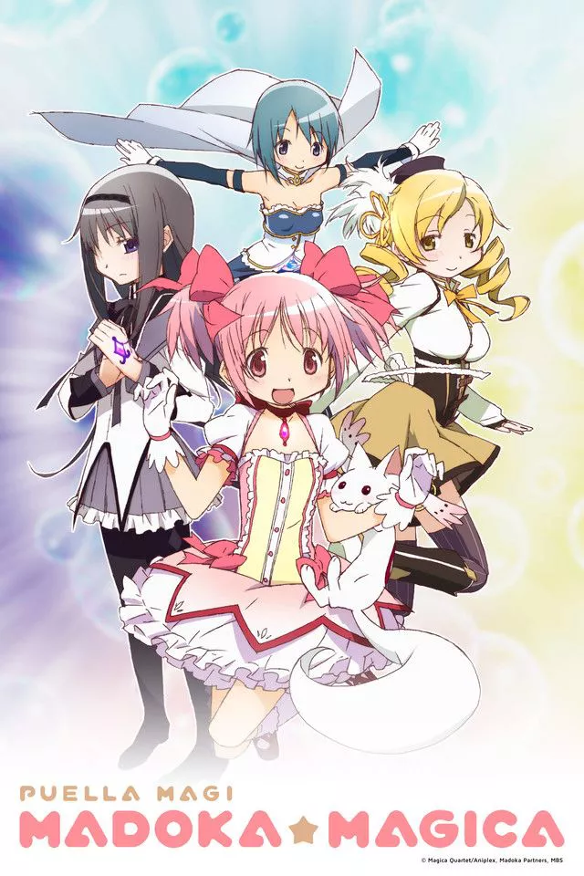 Madoka Kaname, Homura Akemi, Sayaka Miki, Mami Tomoe and Kyubey are posing on the Puella Magi Madoka Magica Poster.