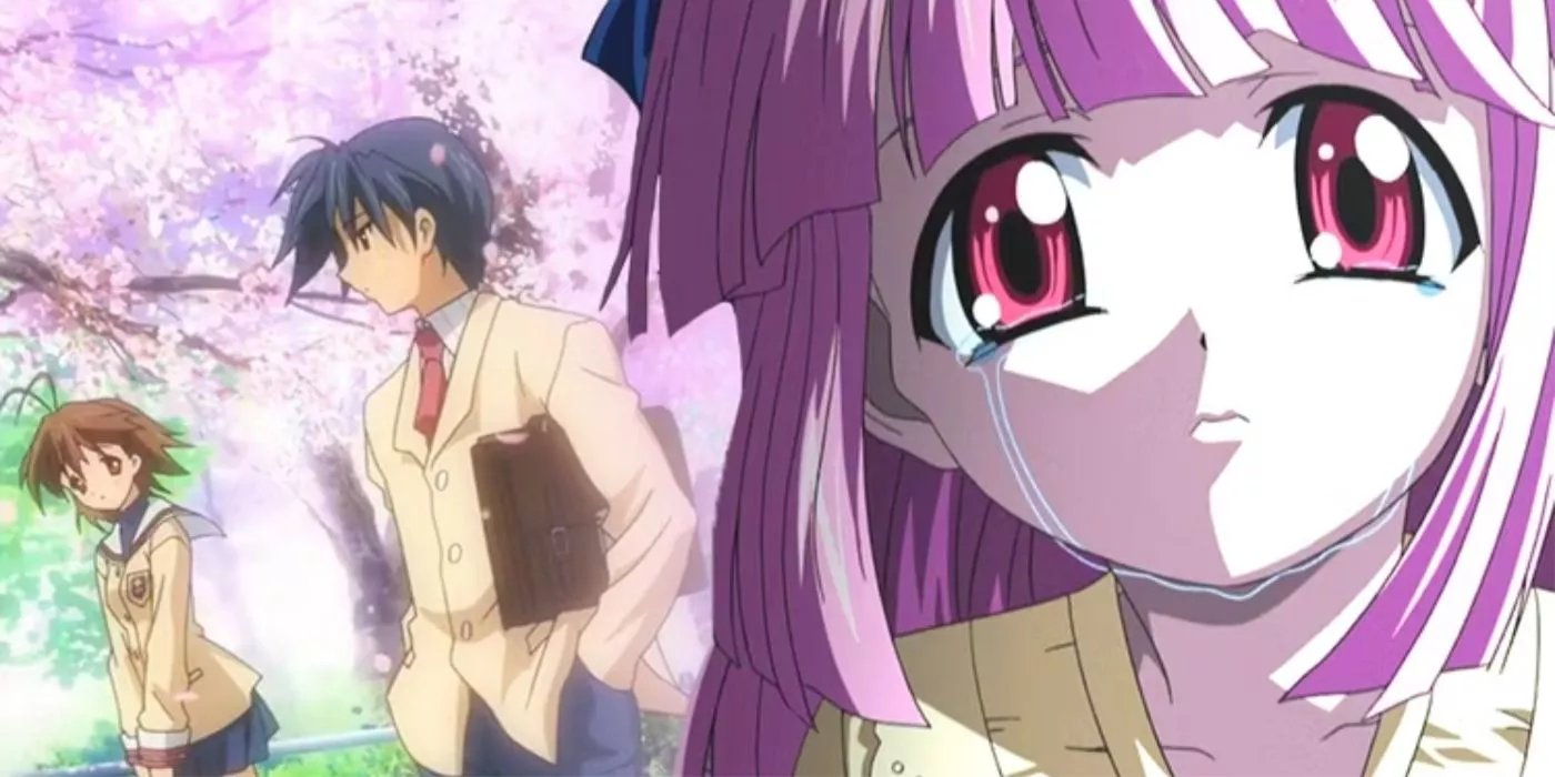 A split image depicts Nagisa and Tomoya from Clannad walking together on the left and Mariko from Elfen Lied crying on the right.