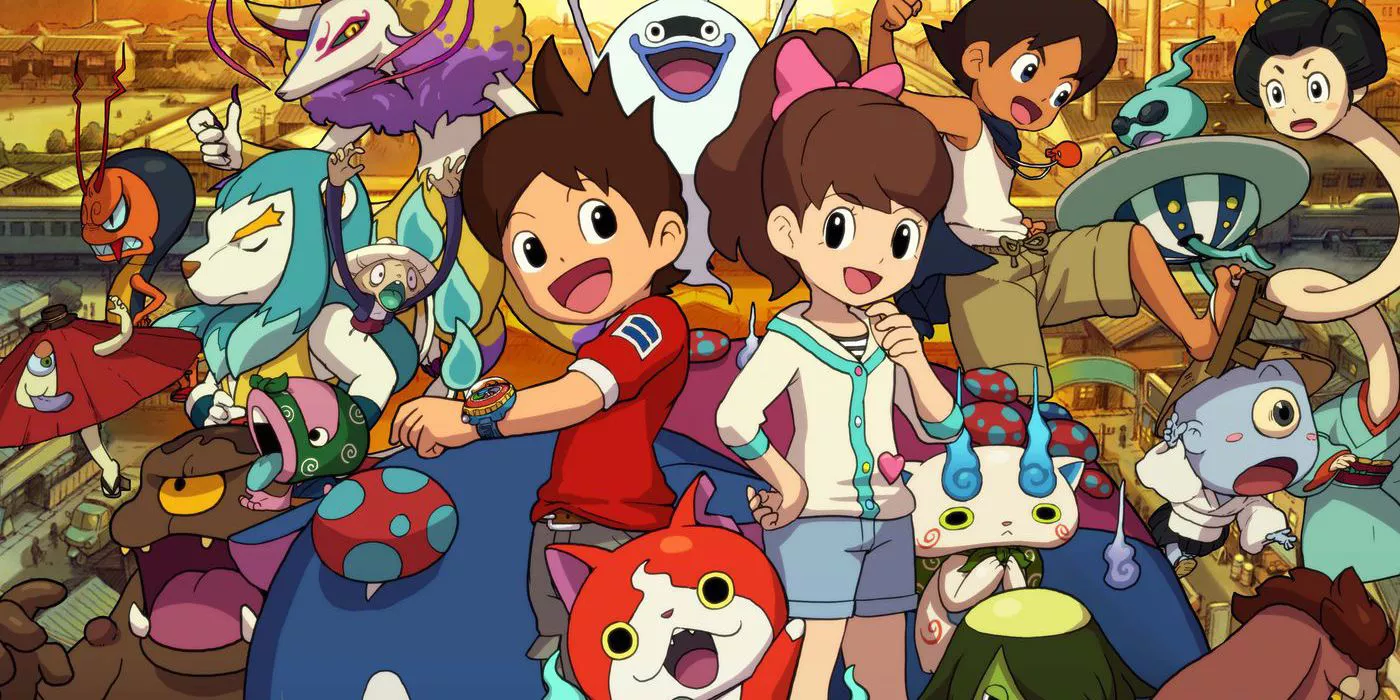 Yo-Kai Watch Nate y Katie con amigos y Yo-Kai.