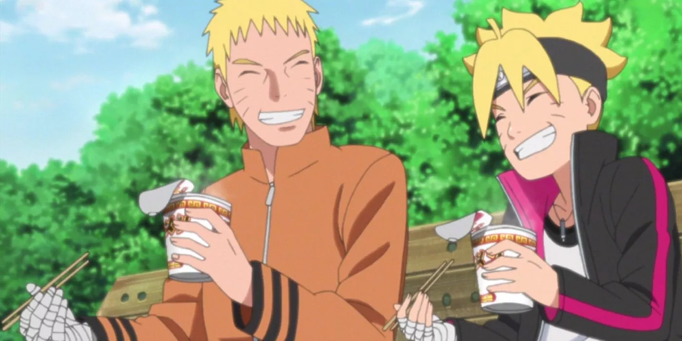 Boruto y Naruto Uzumaki comen ramen juntos mientras están sentados en un banco del parque en Boruto: Naruto Next Generations.