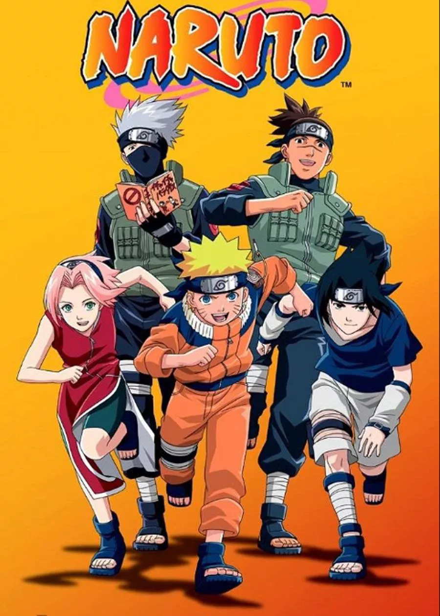 On the poster for Naruto, Sakura Haruno, Naruto Uzumaki and Sasuke Uchiha are running forward while Iruka Umino watches and Kakashi Hatake reads Icha Icha Paradise.