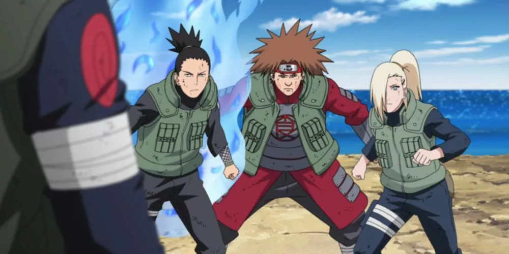 Ino-Shika-Cho fights Asuma Sarutobi in Naruto: Shippuden.