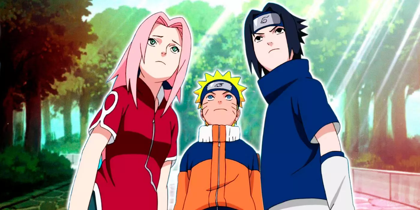 Naruto's anime Team 7, Sakura, Naruto and Sasuke look determined.