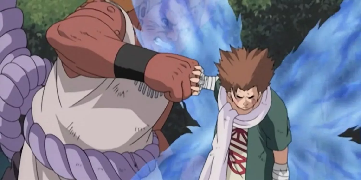 Choji uses Butterfly Mode to stop Jirobo's punch during Naruto's Sasuke Retrieval Arc.