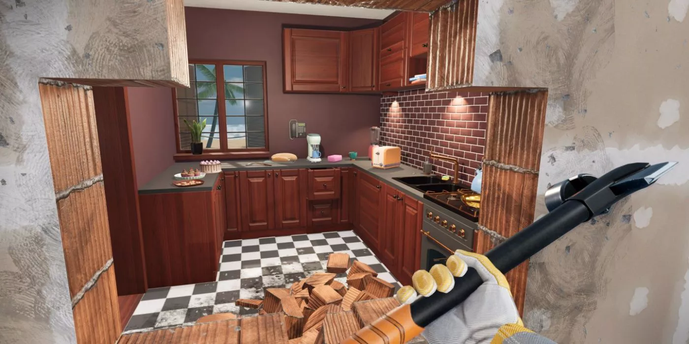 El jugador está demolando el interior de una casa en el juego House Flipper 2.