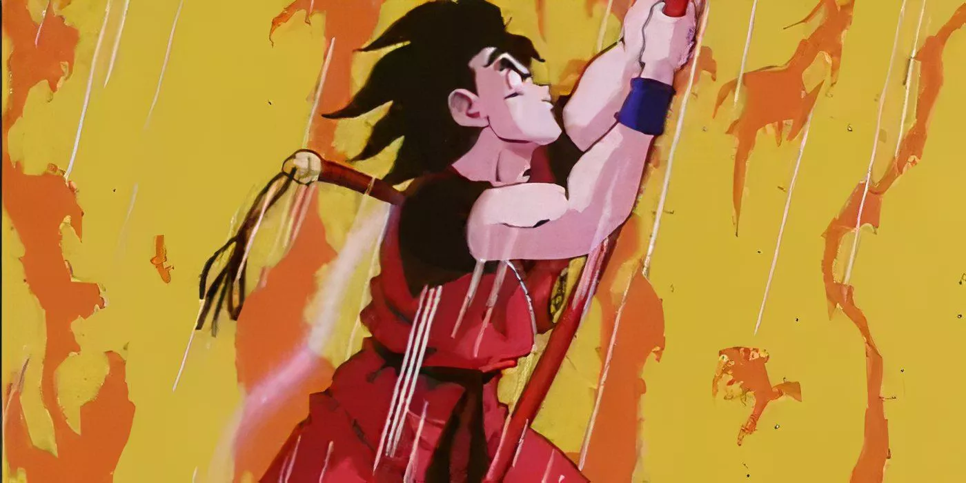 Goku usa su Bastón para navegar a través del Horno de Ocho Divisiones en Dragon Ball.