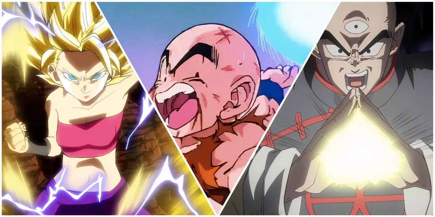 Caulifla, Krillin, y Tien de Dragon Ball.