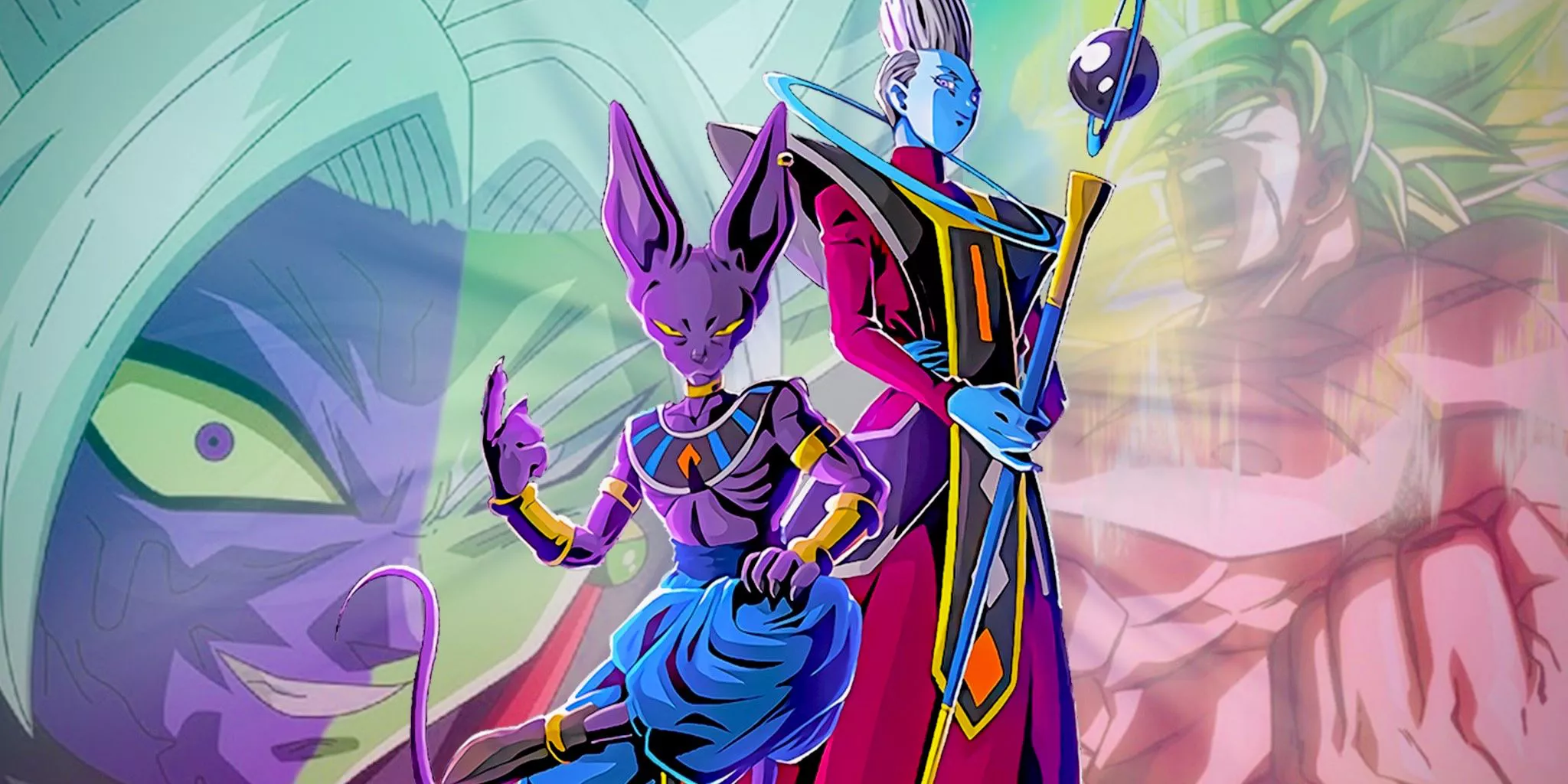 Beerus y Whis se presentan amenazantemente frente a Zamasu y Broly en Dragon Ball Super