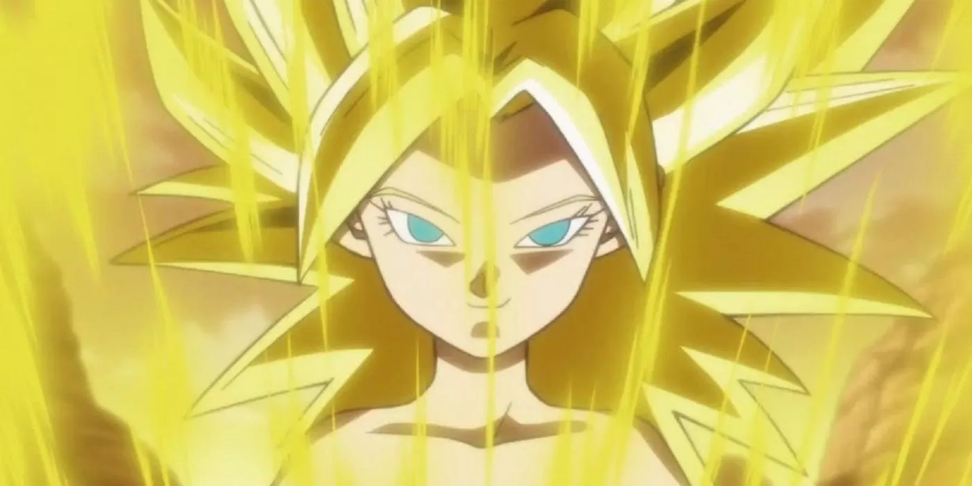 Caulifla cargando para convertirse en Super Saiyan en Dragon Ball Super.