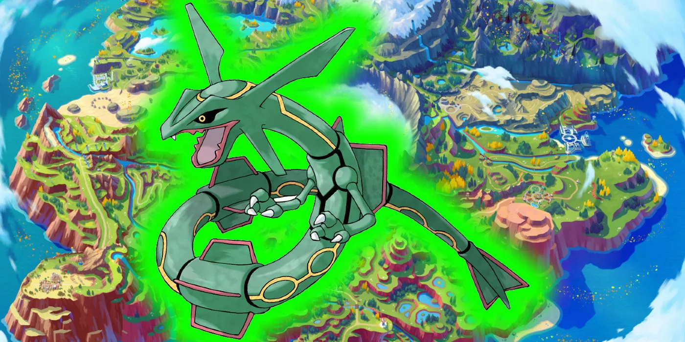 Rayquaza imposed over a map of Pokémon Scarlet and Violet's Paldea region.