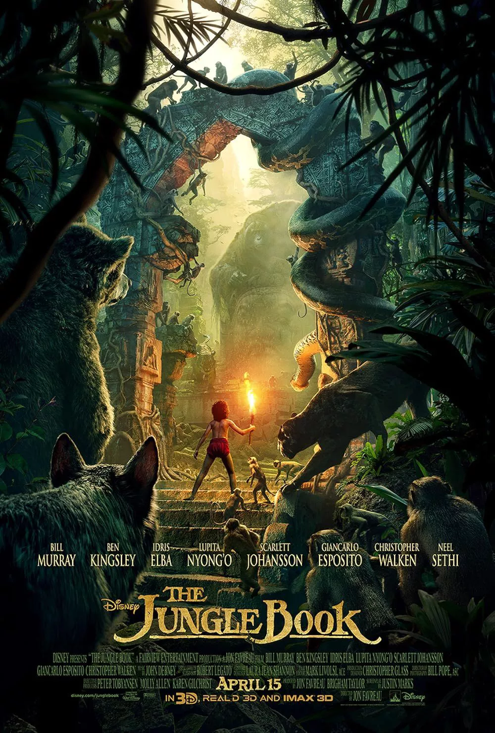 Bill Murray, Christopher Walken, Ben Kingsley, Idris Elba, Scarlett Johansson, Lupita Nyong'o, and Neel Sethi in The Jungle Book (2016)