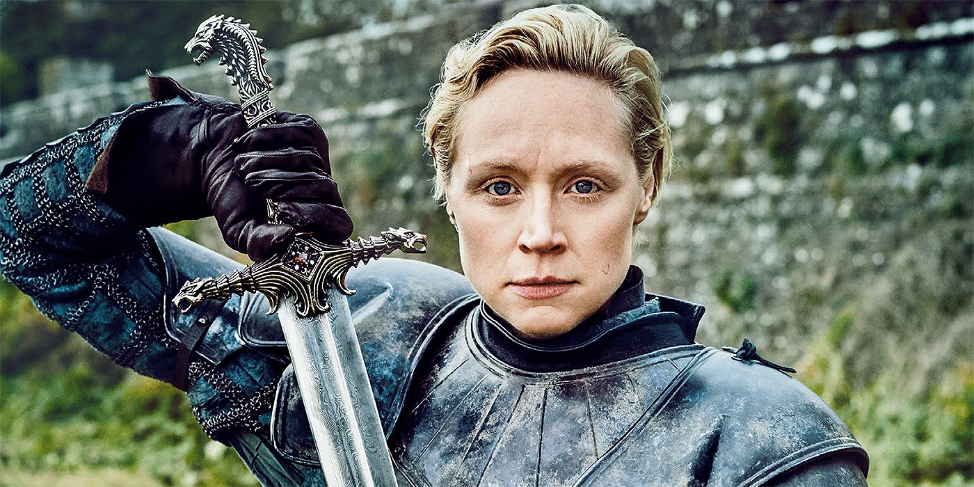 Brienne of Tarth (Gwendoline Christie) holding the sword Oathkeeper in Game of Thrones.