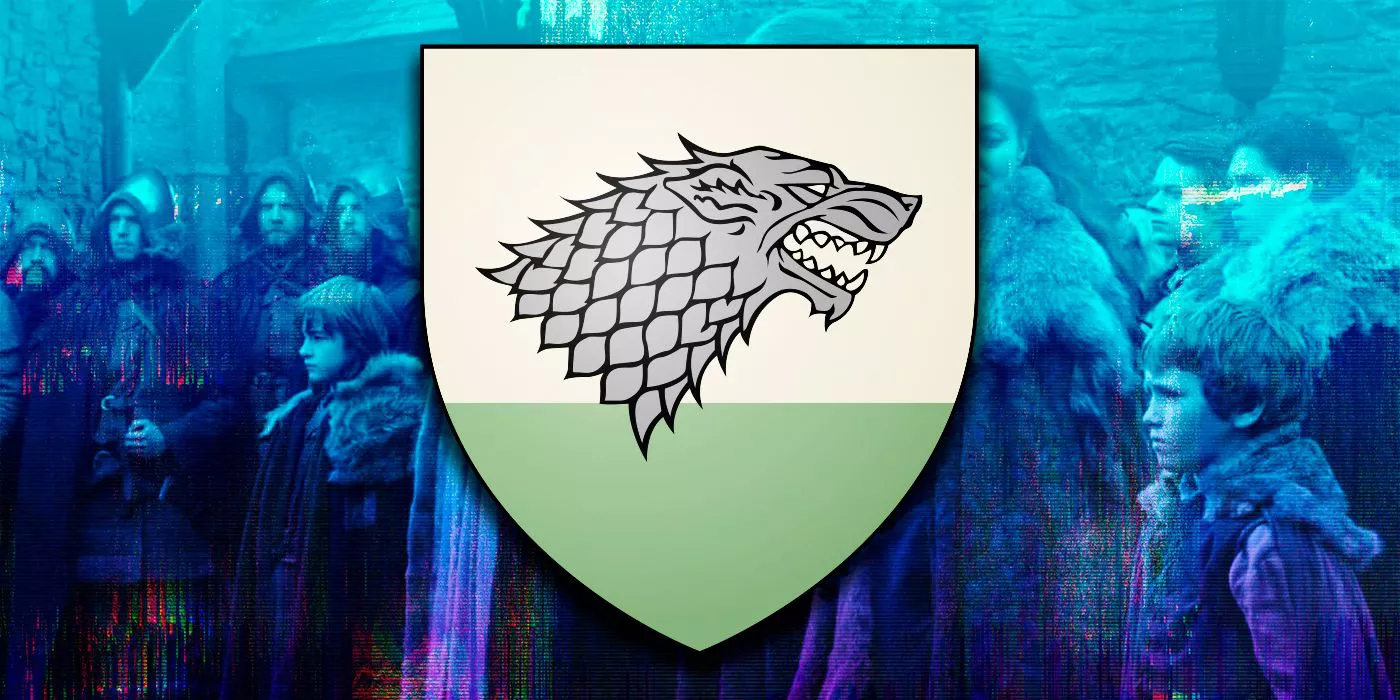 A composite image features the House Stark banner in front of the Stark family on Game of Thrones