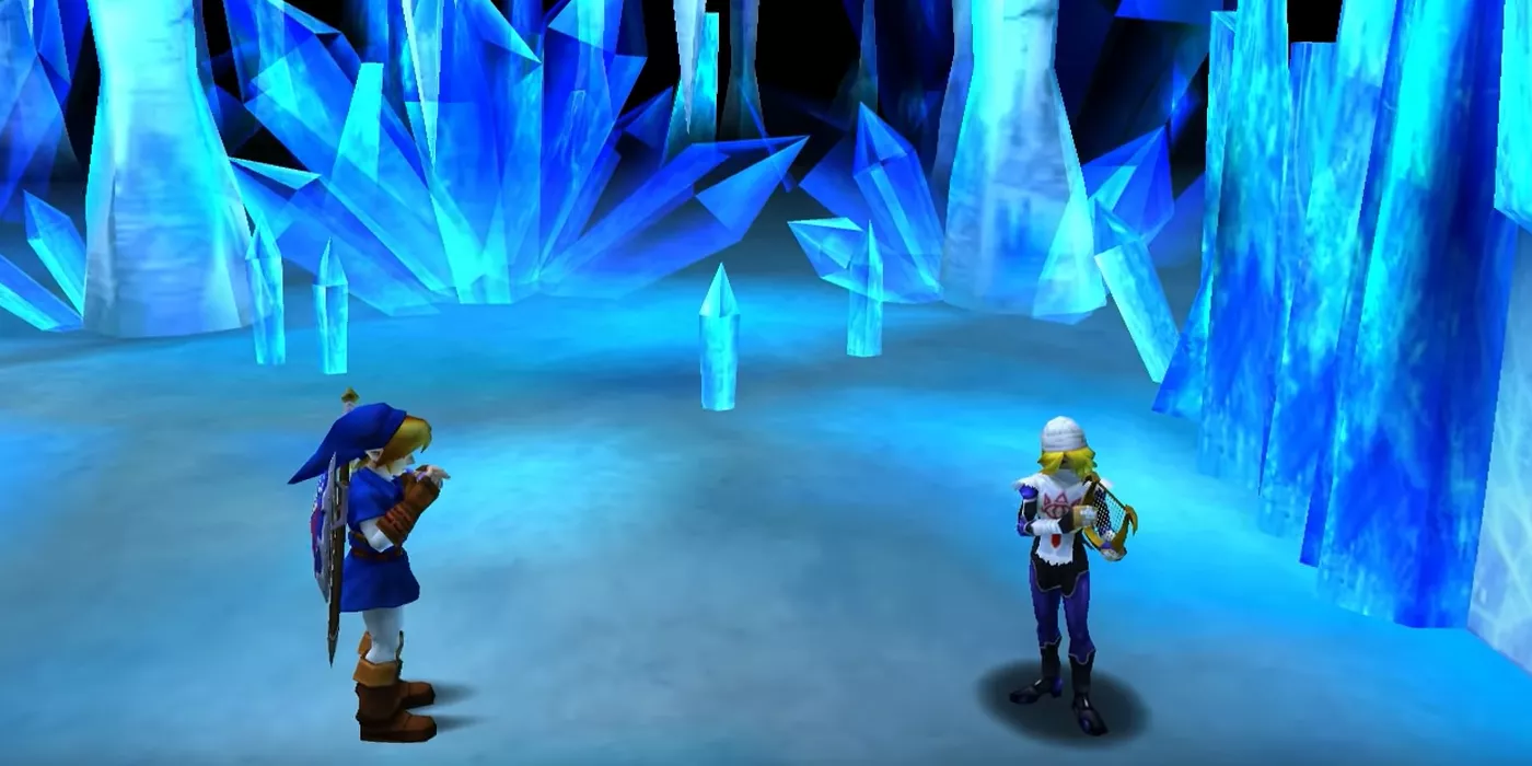 Link aprende la Serenata de Agua de Sheik en The Legend of Zelda: Ocarina of Time 3D.