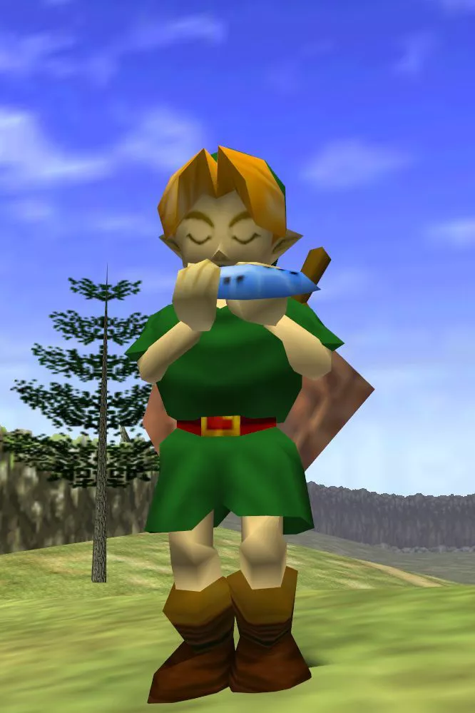 Link tocando la Ocarina en The Legend of Zelda: Ocarina of Time.