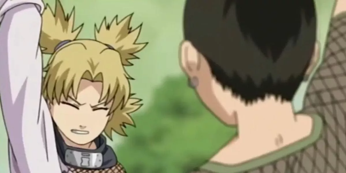 Temari y Shikamaru levantan sus manos mientras se enfrentan entre sí