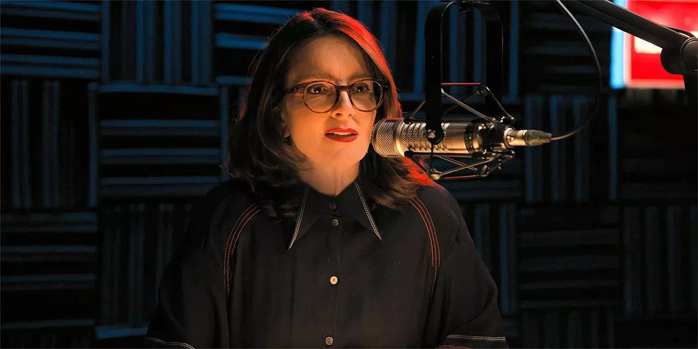 Cinda Canning (Tina Fey) records her podcast in Only Murders in the Building