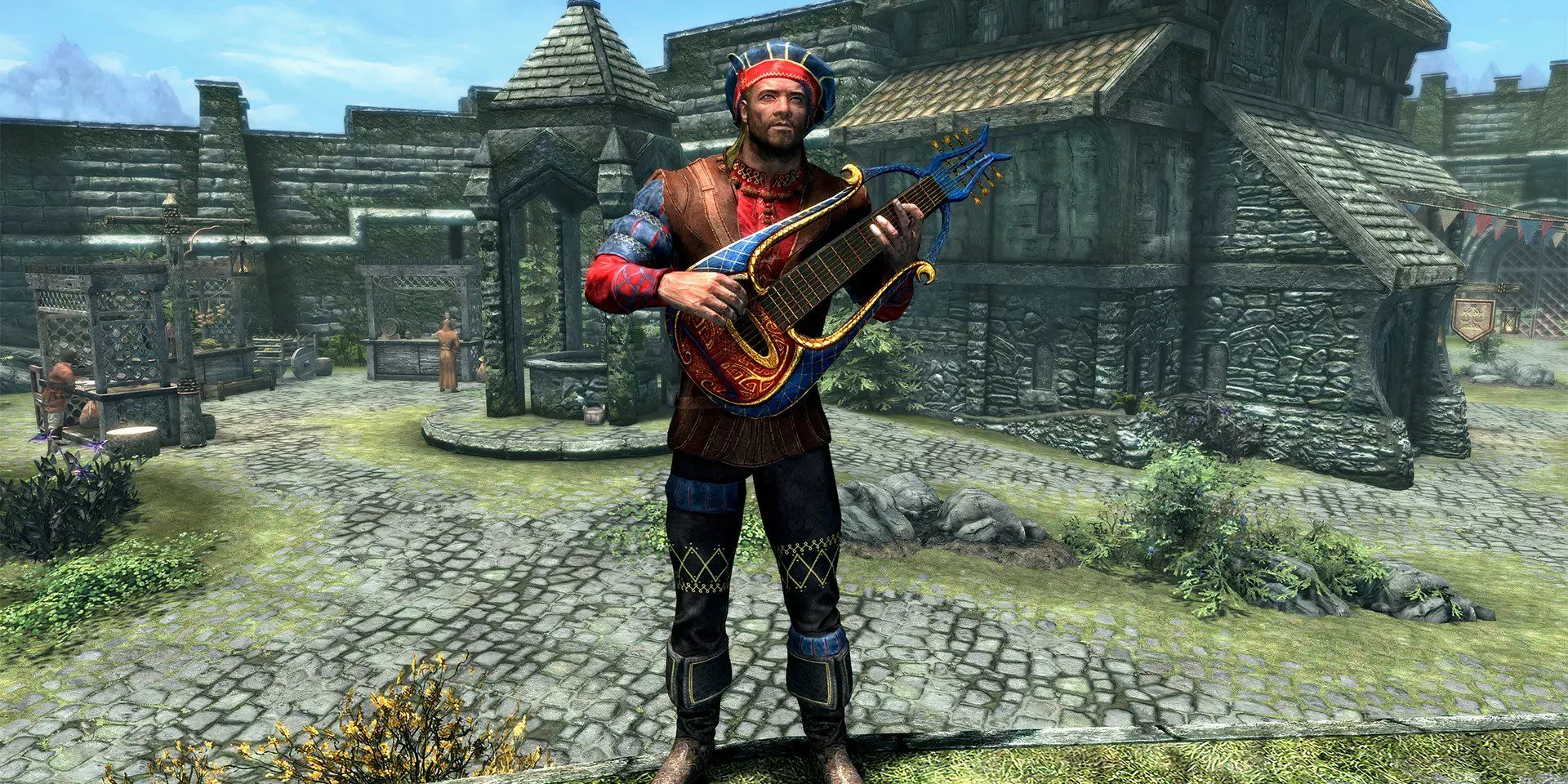 Bard in front of college in skyrim