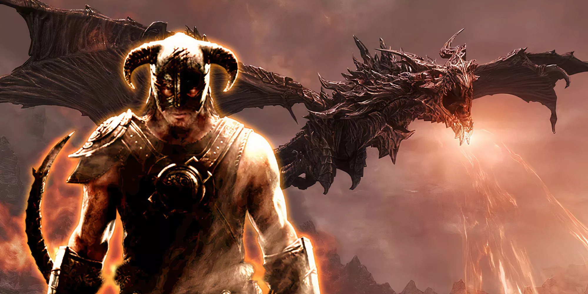 The Dragonborn from Elder Scrolls V: Skyrim is standing in front of the dragon Alduin.