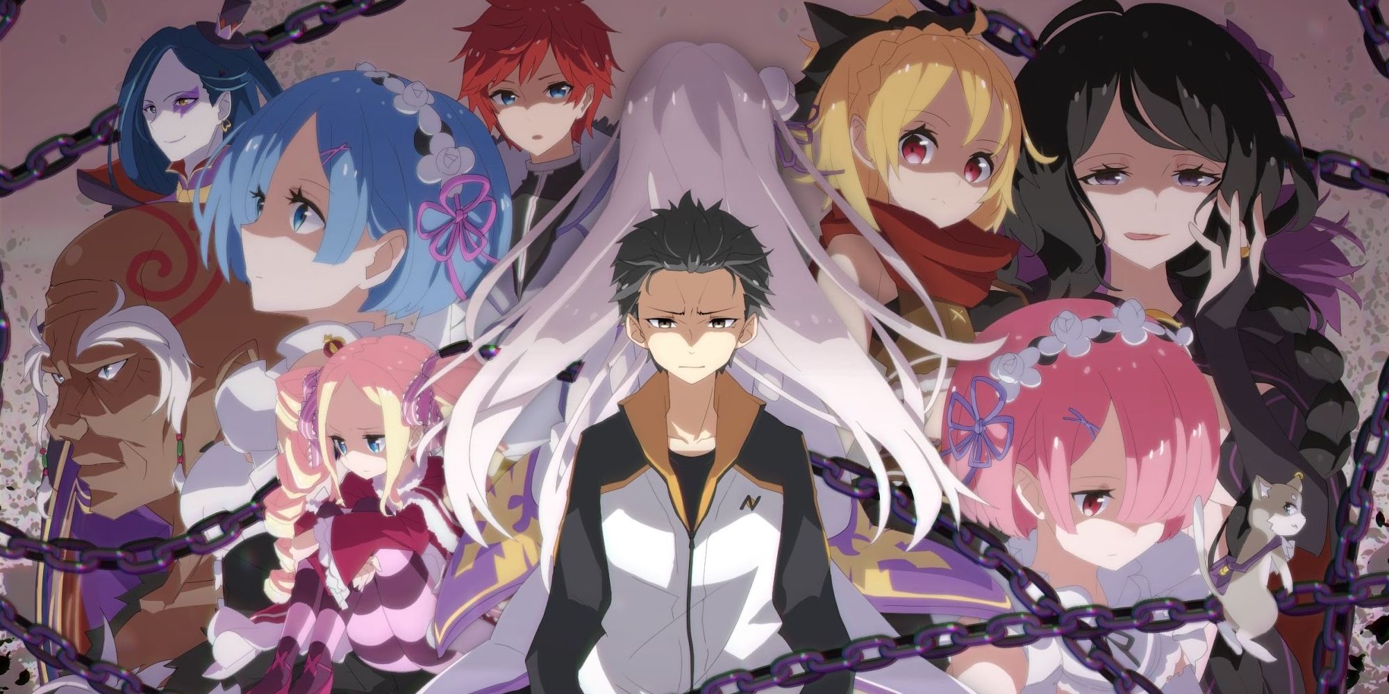 Subaru Natsuki rodeado por el elenco principal de Re:Zero