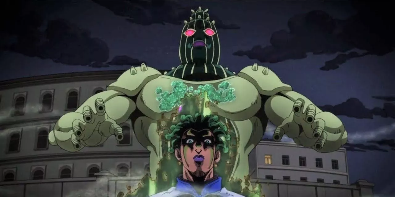 Cioccolata standing in front of his Stand, Green Day, in JoJo's Bizarre Adventure.