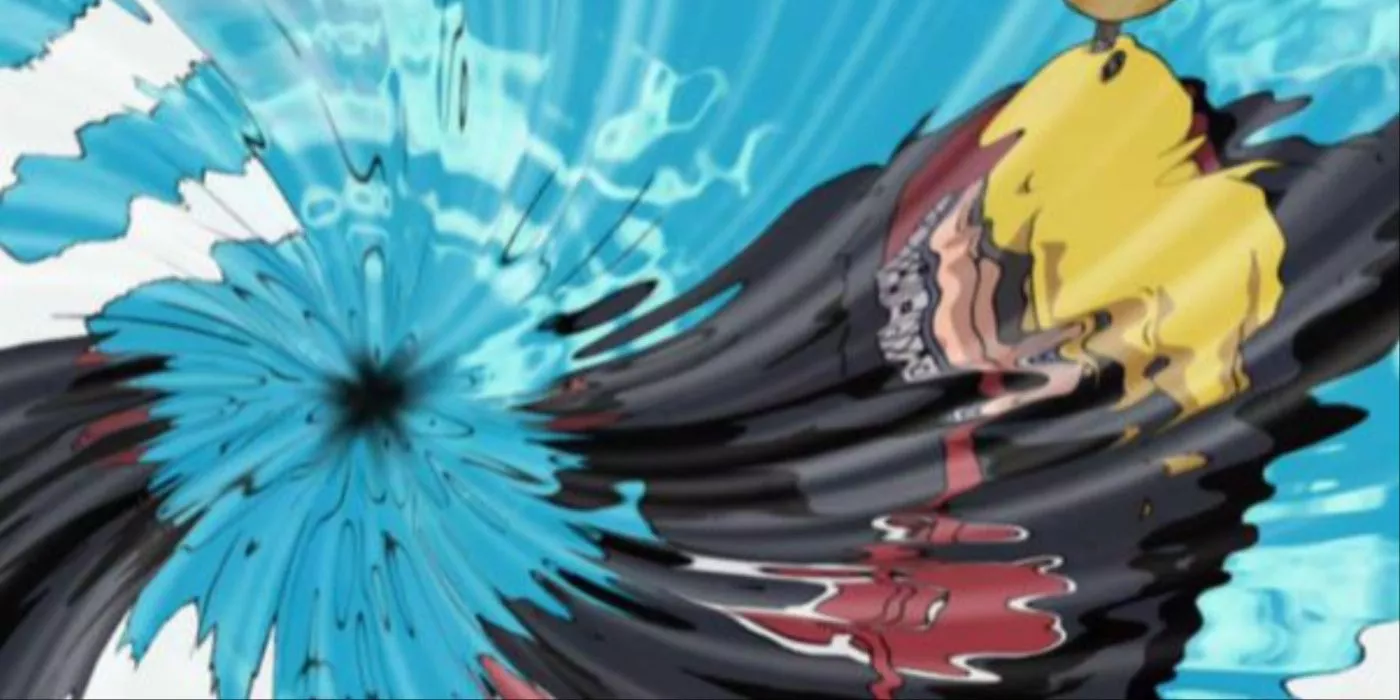 Deidara's arm is destroyed by Kakashi's Kamui in Naruto: Shippuden.