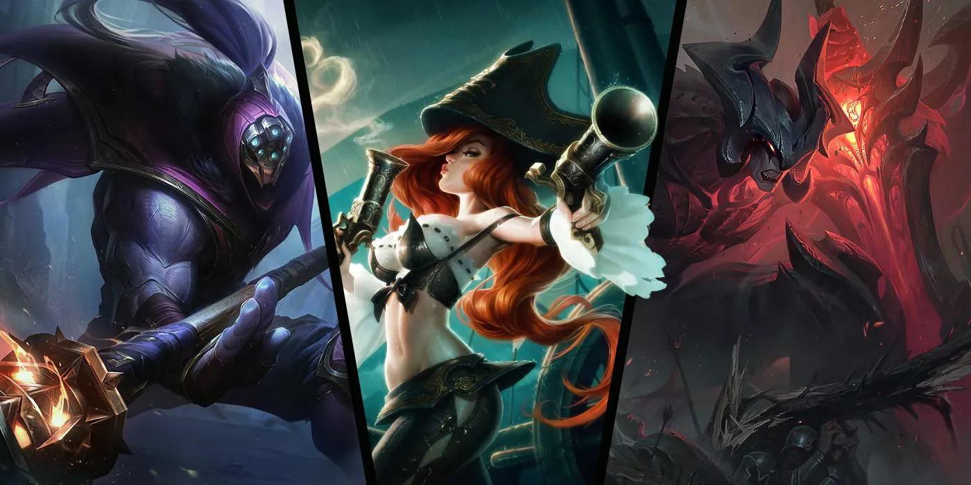 Jax (izquierda) Miss Fortune (Centro) Aatrox (derecha) de league of legends