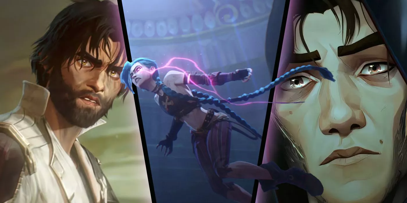 Jayce (izquierda), Jinx (centro) y Viktor (derecha) de la Temporada 2 de Arcane