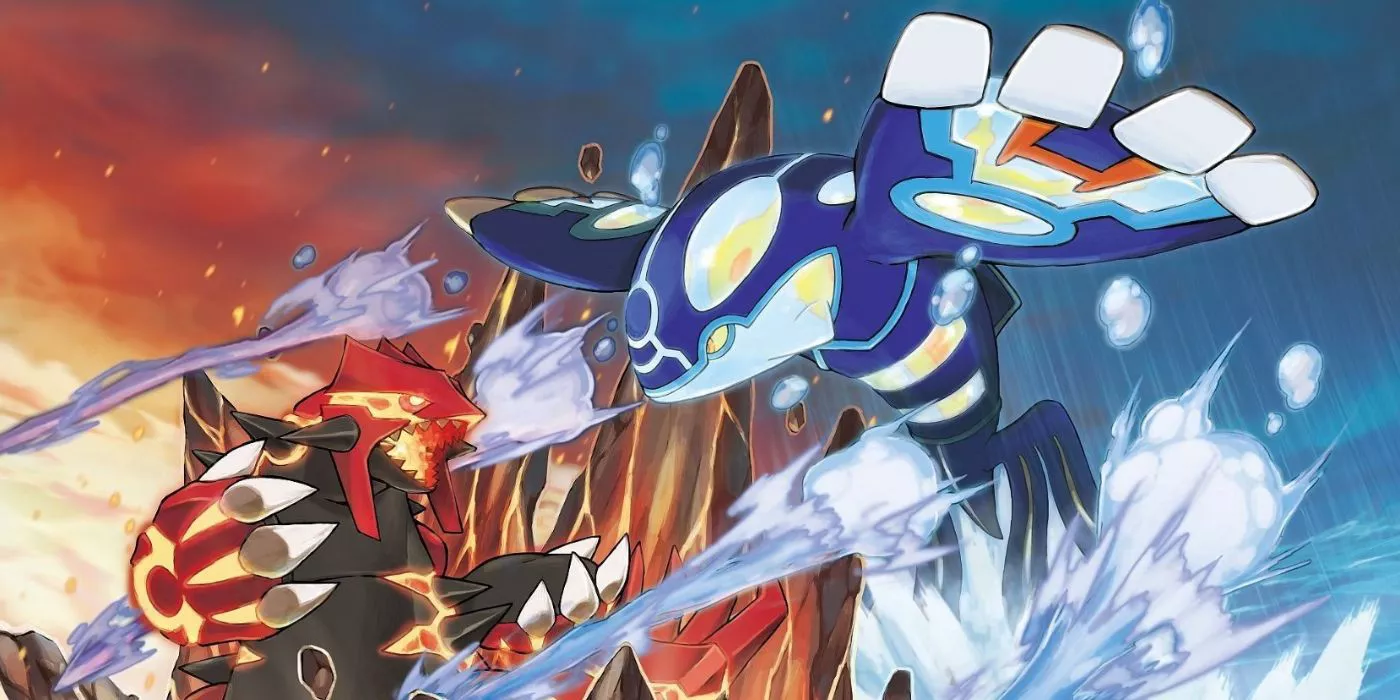 Groudon Primal luchando contra Kyogre Primal en Pokémon Omega Ruby & Alpha Sapphire.