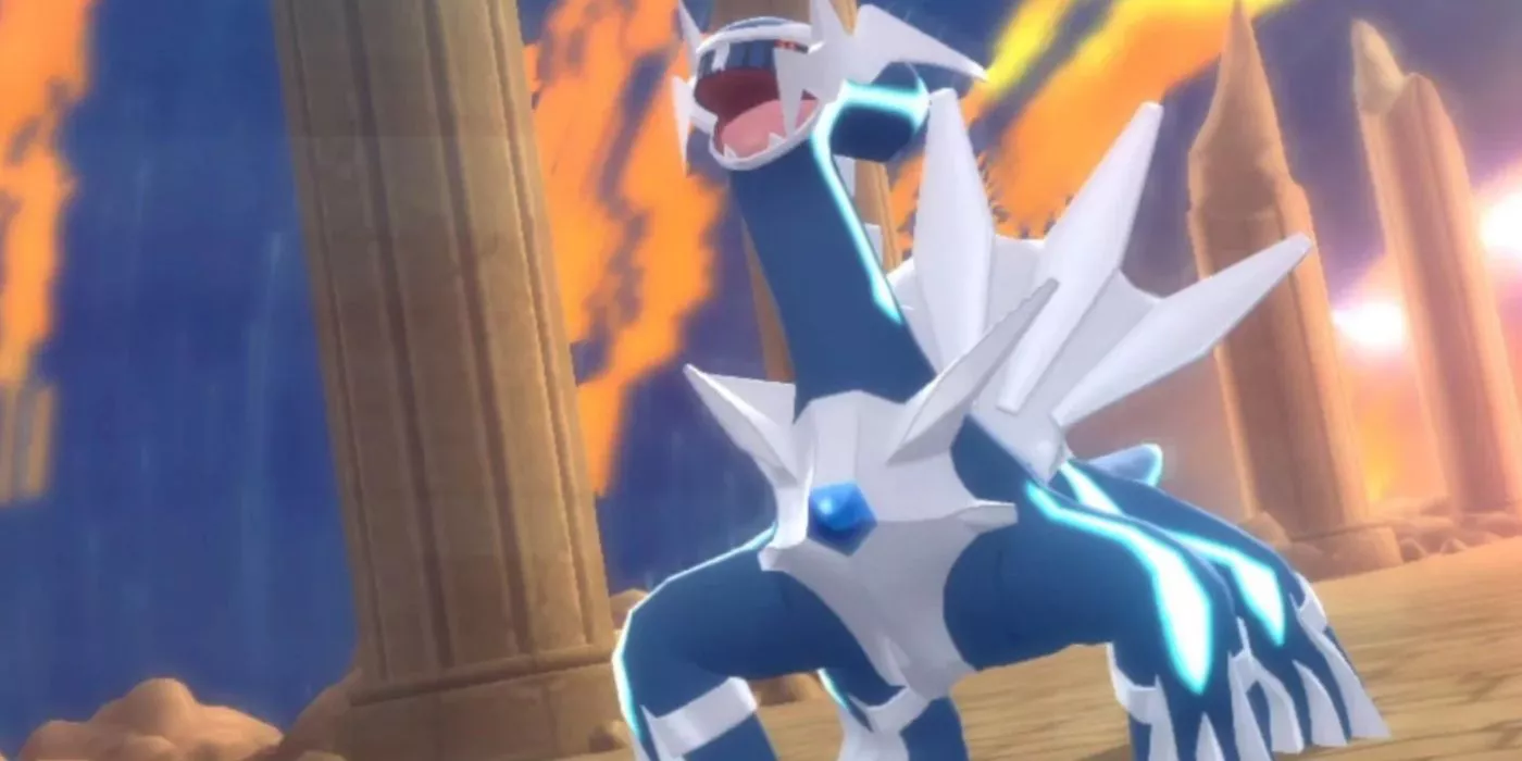 Dialga ruge en la cima de Spear Pillar en Pokémon Brilliant Diamond.