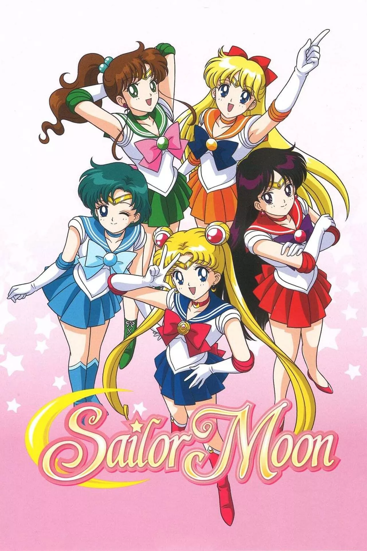 Sailor Moon, Sailor Mars, Sailor Venus, Sailor Jupiter y Sailor Mercury están en el póster del anime Sailor Moon.