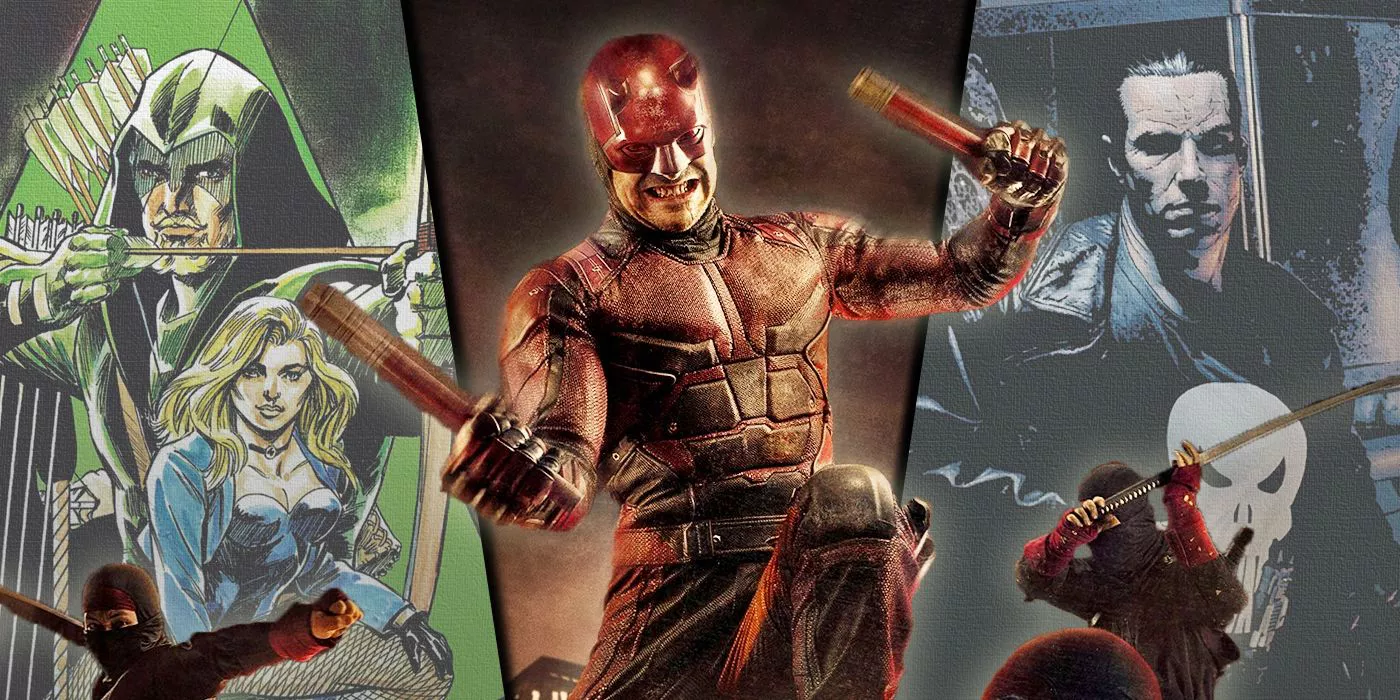 Netflix’s Daredevil with comic covers for Green Arrow: The Longbow Hunters and Punisher MAX