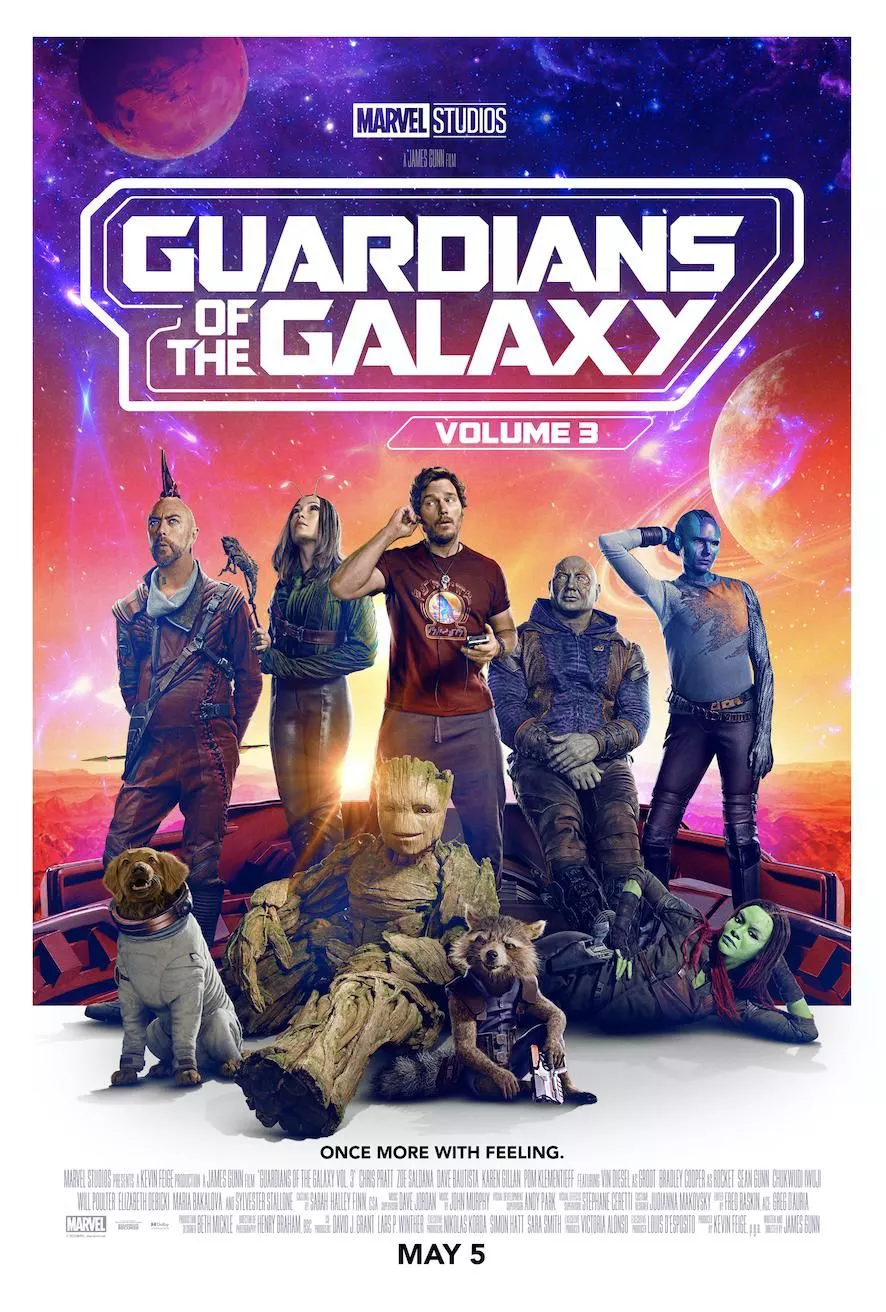 Star-Lord, Groot, Drax, Nebula, Gamora, and their allies pose in a poster of Guardians of the Galaxy Vol. 3 (2023)