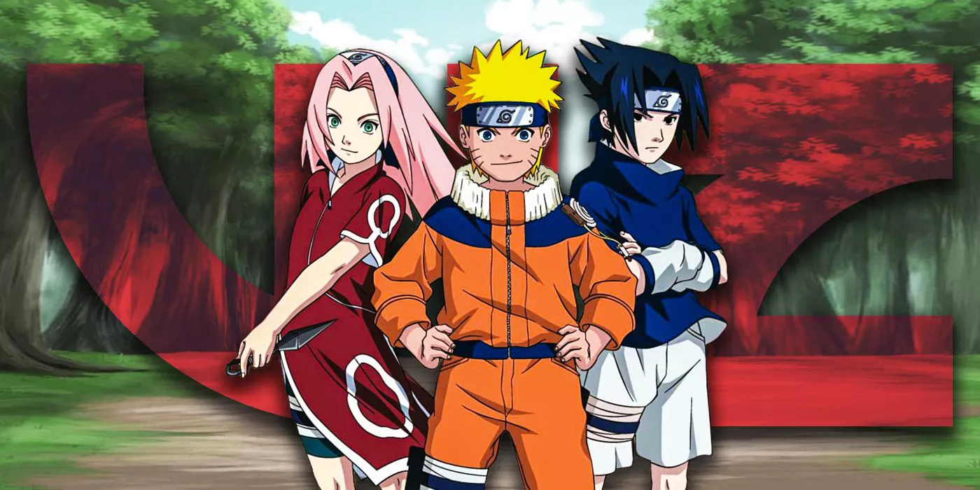 Naruto, Sasuke y Sakura posando frente al logo oficial de Viz Media