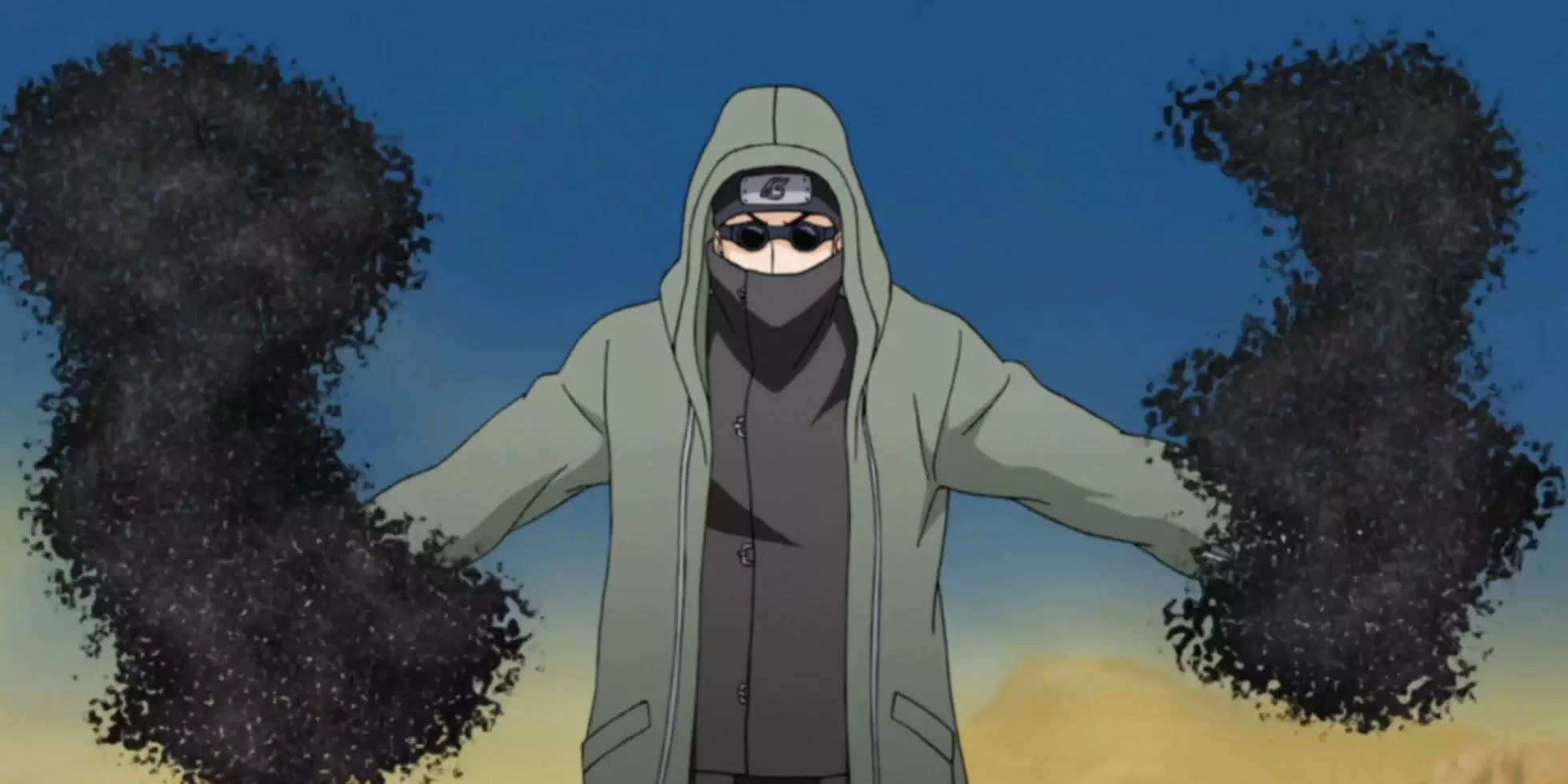 Shino Aburame convocando una tormenta de insectos en Naruto: Shippuden