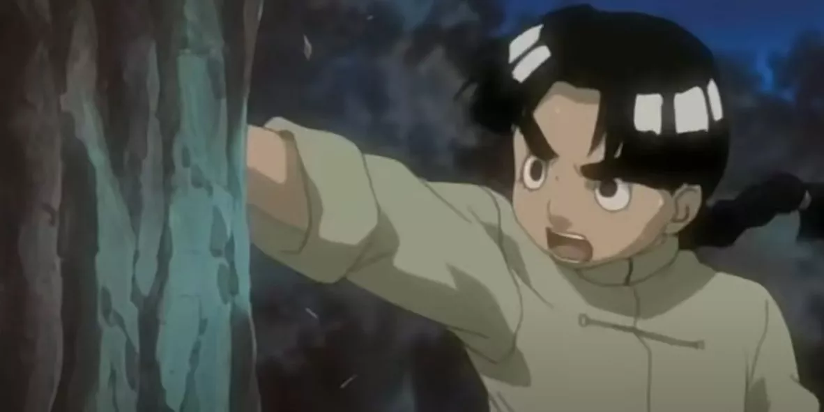 Joven Rock Lee golpeando un árbol mientras entrena